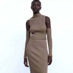 Zara Cold Shoulder Mock Neck Knit Top, Taupe